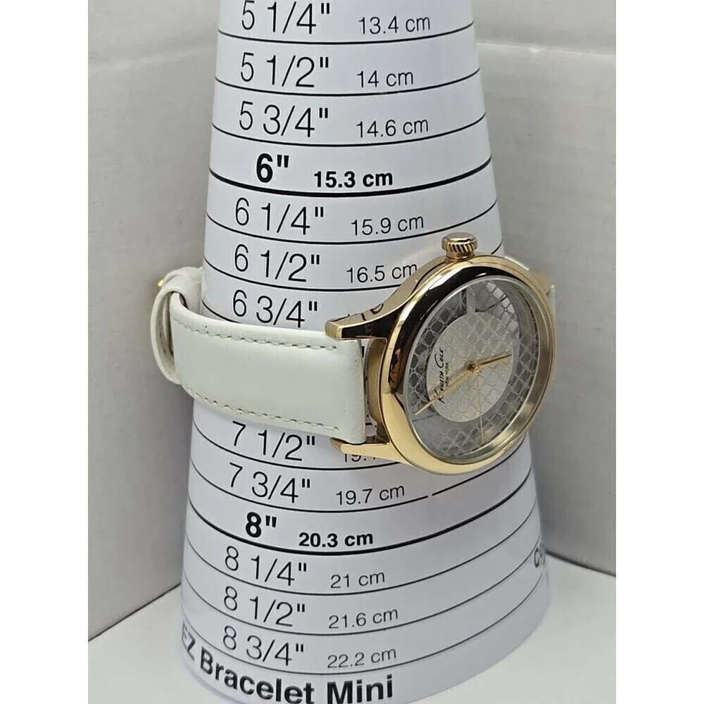 Kenneth Cole New York Lattice Dial Gold Womens Watches White Leather New Battery
